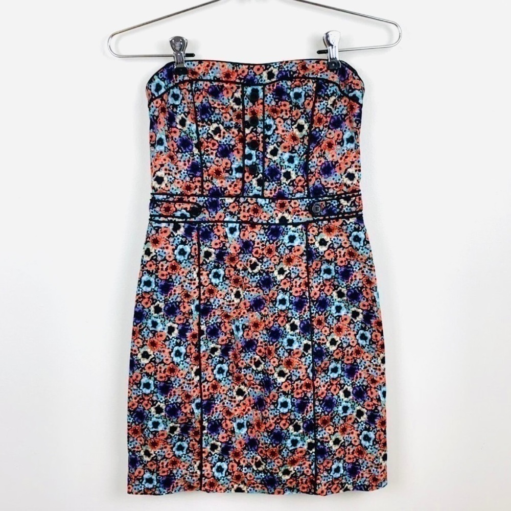 Divided H&M Mini Dress 8 Strapless Tube Floral Black Piping Form Fitting Multi